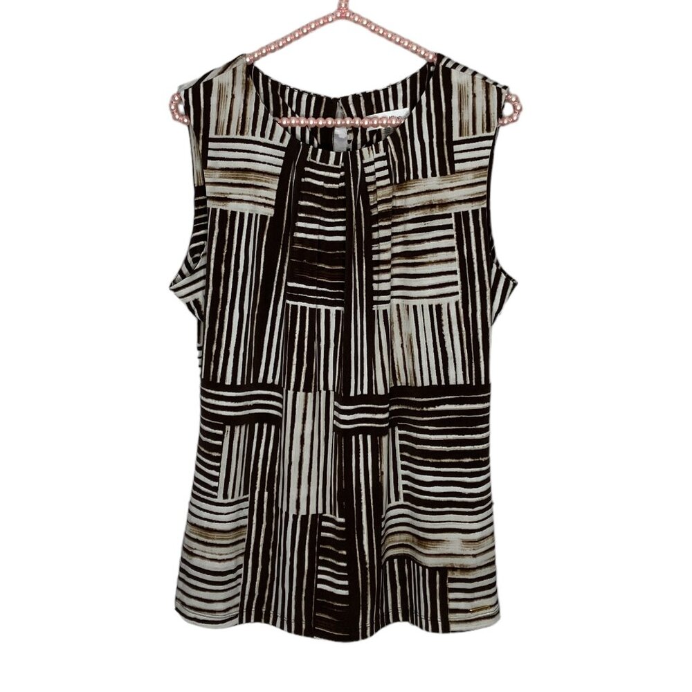 Calvin Klein Large L Brown Geo Stripe Stretch Jersey Knit Sleeveless Shell Top